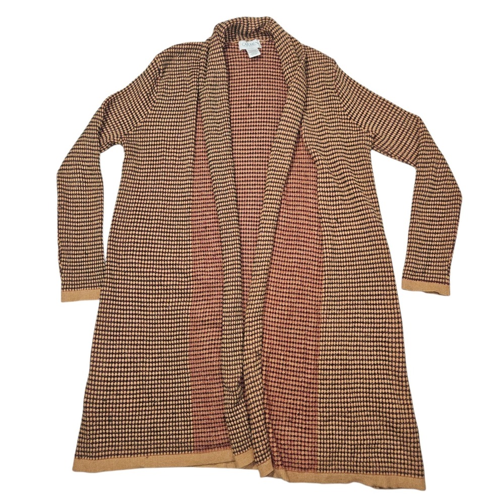 Carmen Marc Valvo Duster Cardigan Metallic Honeycomb Knit Tan Black Sz L